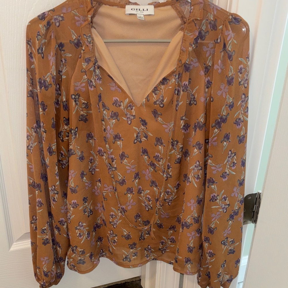 Gilli Mustard Floral V-Neck Blouse with Purple Accents